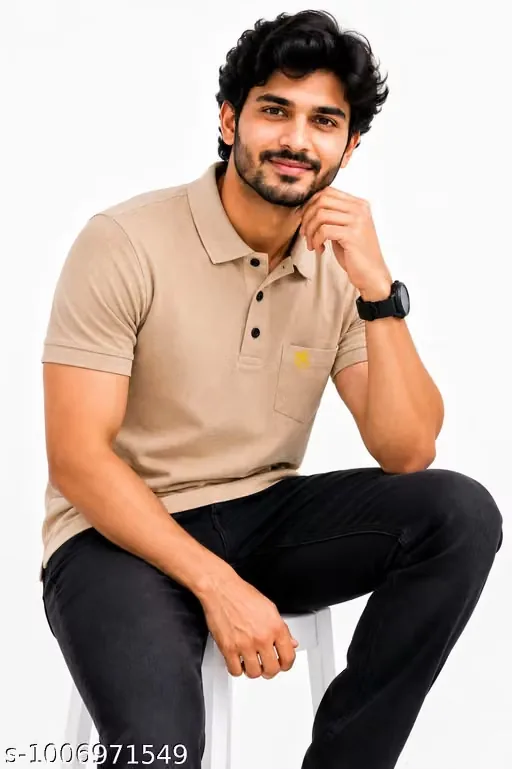 Man wearing a beige polo neck t-shirt