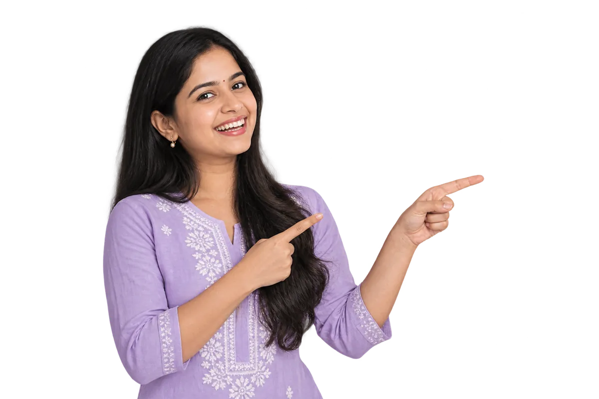 A smiling seller pointing at a profit calculation